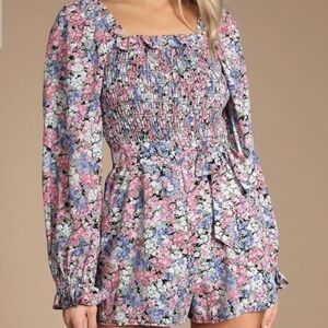 Lulus Floral Smocked Romper NWT Pink Blue Puff Sleeve Large
